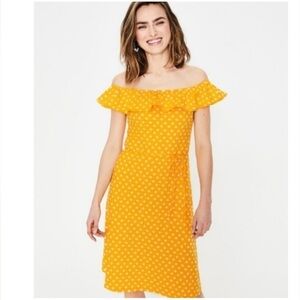 Boden Bethany Summer Midi Dress Ruffles Off On Shoulder Polka Dot Yellow Size 4R